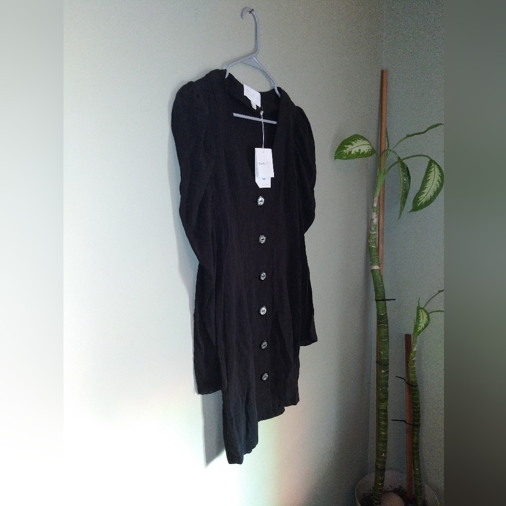 Ellie Mae Black Puff Long Sleeve Mini Dress Silver Buttons Size 2